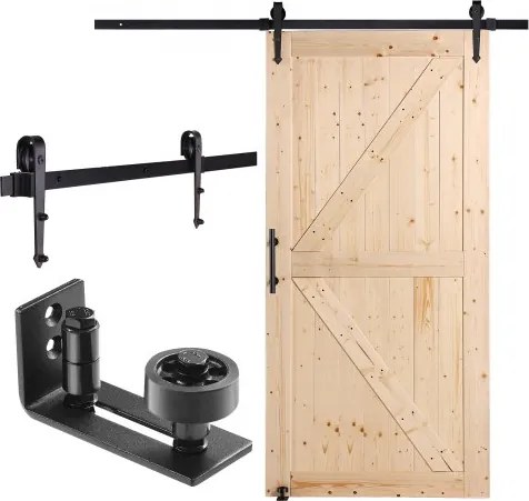 VEVOR schuifdeurset met beslag, 1067 x 2134 mm, houten en glazen schuifdeur, geluidsarm, schuifdeurset met 8-in-1 vloergeleider en deurklink, paneel van sparrenhout, voor woonkamer etc.