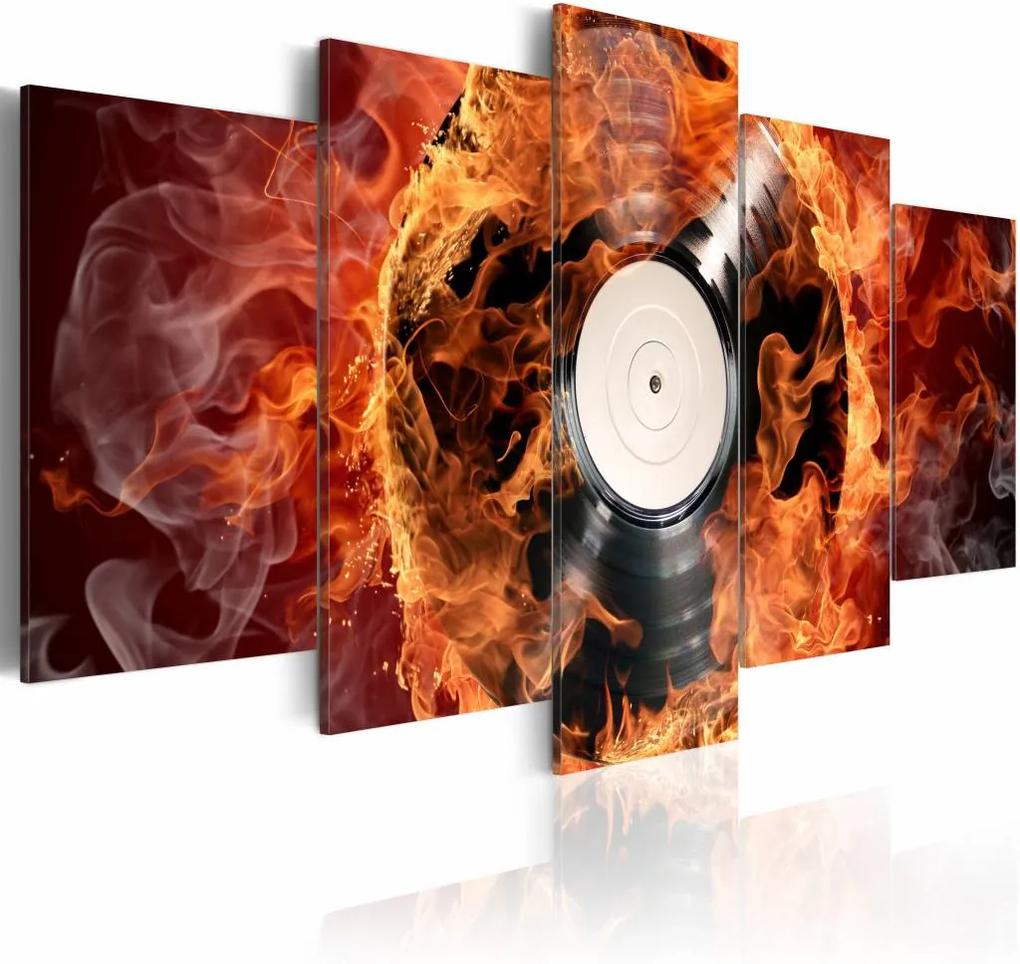 Schilderij - Vinyl in vlammen , oranje , 5 luik