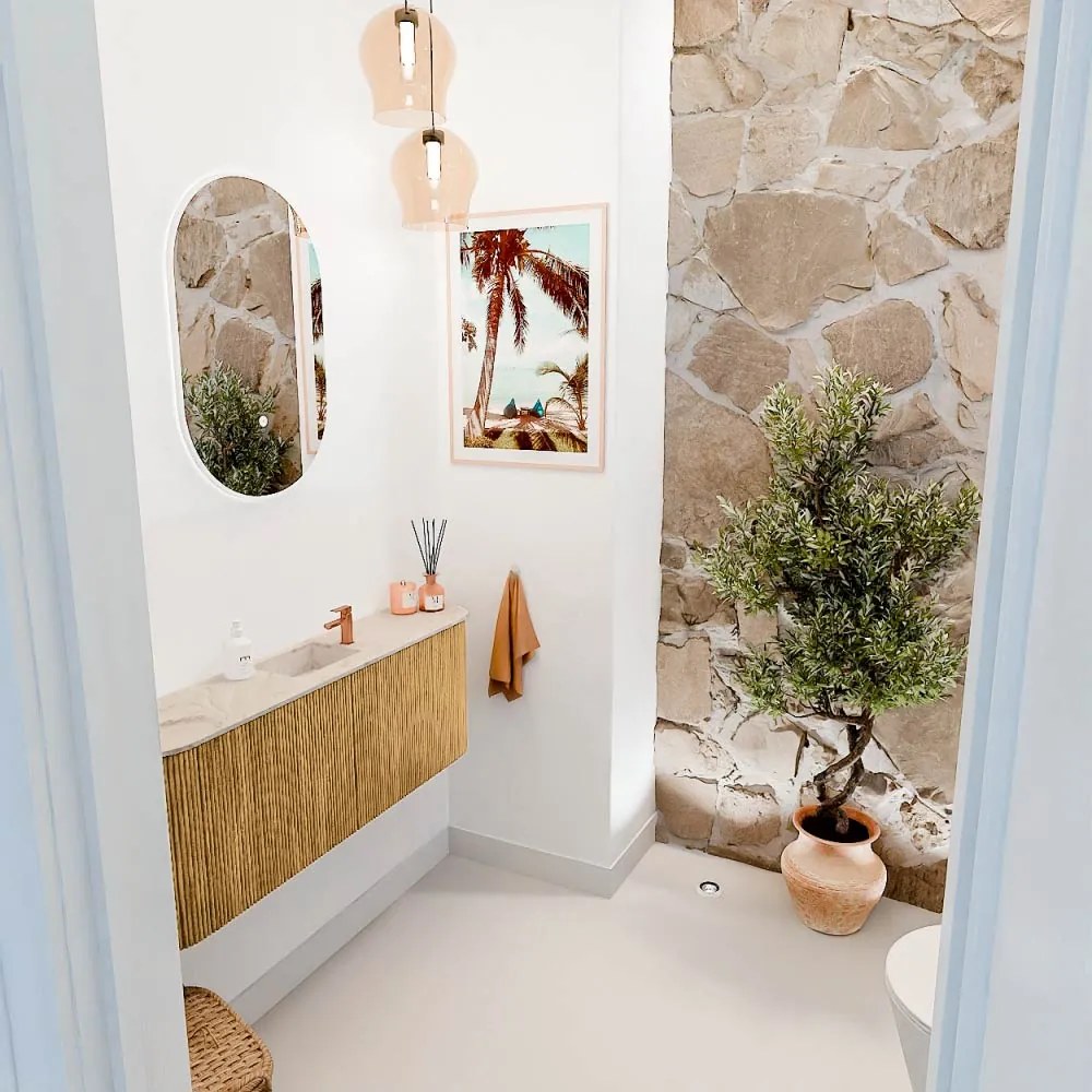 Mondiaz Joya DLux 115cm toiletmeubel ronding links/rechts oak met wastafel faye midden 1 kraangat frappe
