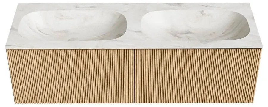 Mondiaz Kurve-dlux 140cm badmeubel oak met 2 lades en wastafel stor small dubbel 2 kraangaten ostra
