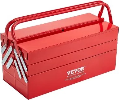 VEVOR Gereedschapskist 457,2 x 200 x 215 mm, 3-laags, 5-compartimenten, gereedschapskist met handvat en slotgat, gepoedercoat staal, gereedschapskoffer voor huishouden, fabriek, magazijn, reparatiewerkplaats, rood