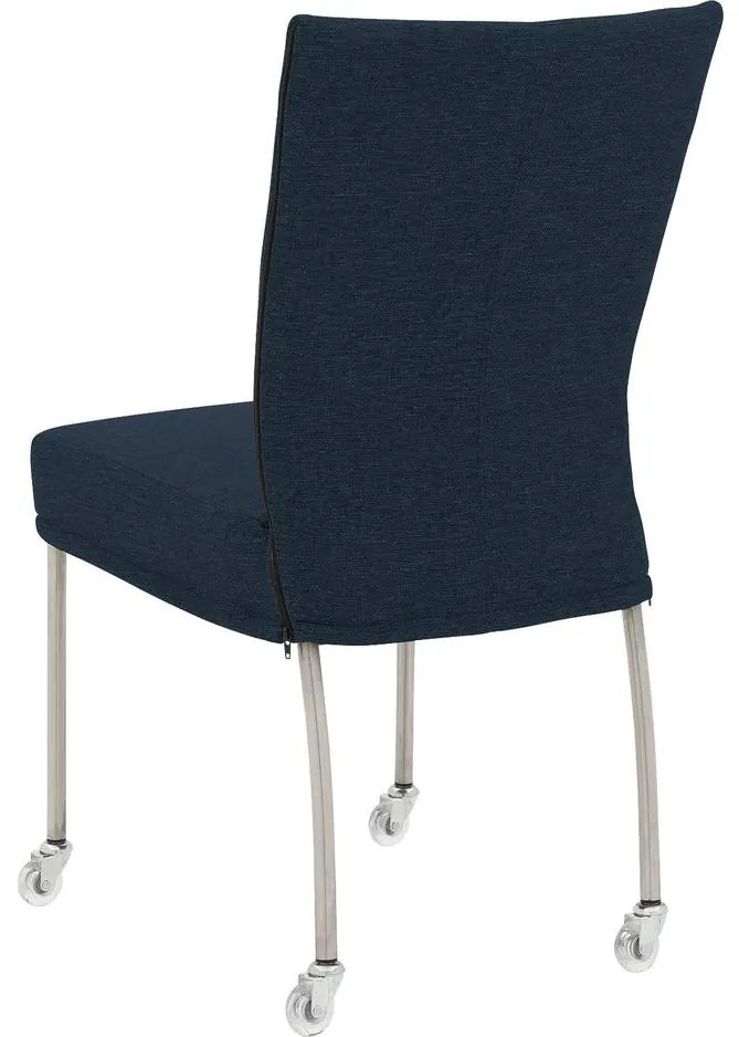 Goossens Eetkamerstoel Funk RVS Poten blauw stof leuning en Transparant skater wiel met rvs kapmet wielen, modern design