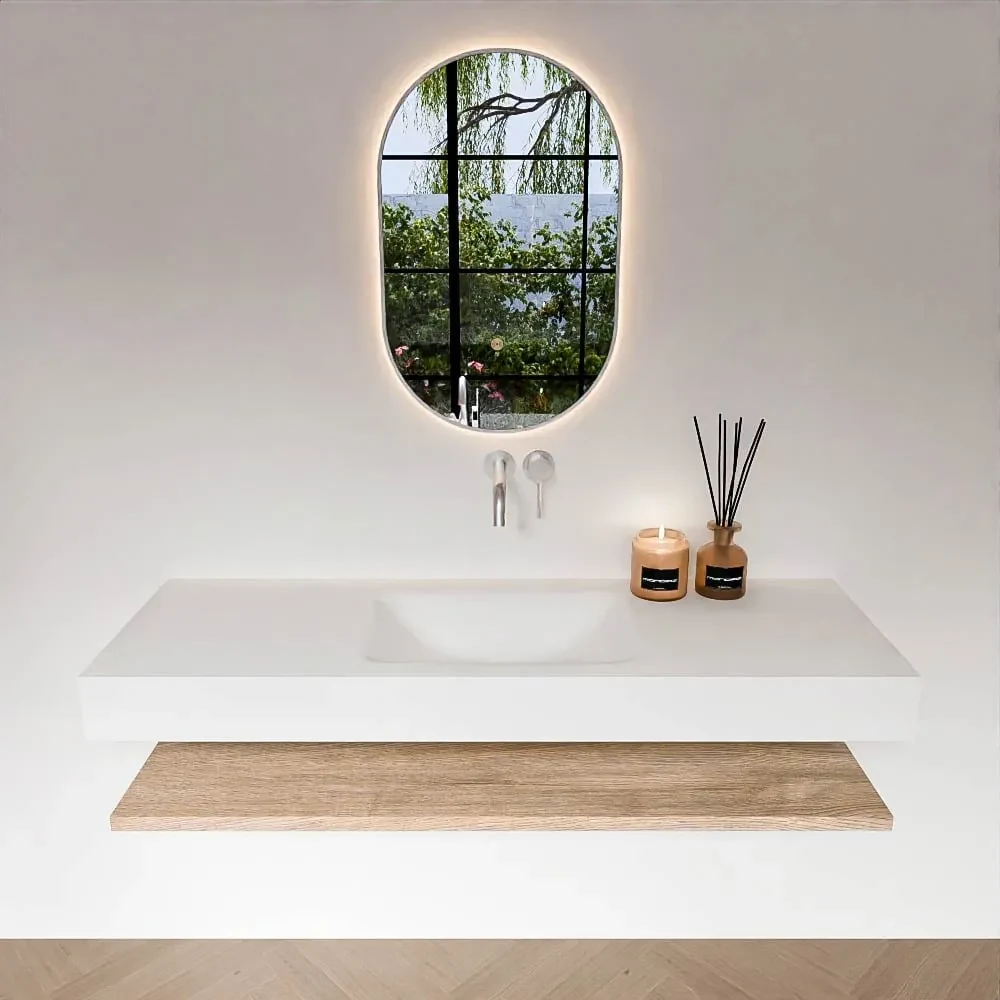 Zaro Alan badmeubel 140cm met planchet washed oak en vrijhangende wastafel cloud midden zonder kraangat talc