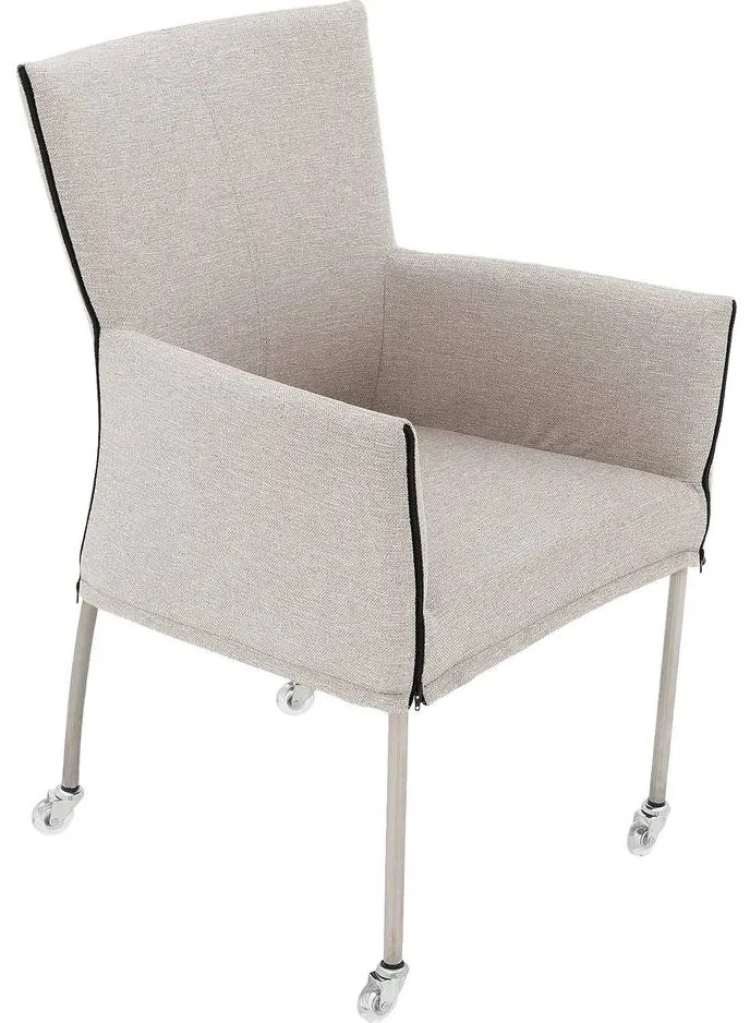 Goossens Eetkamerstoel Funk RVS Poten lichtgrijs stof met armleuning en Transparant skater wiel met rvs kapmet wielen, modern design