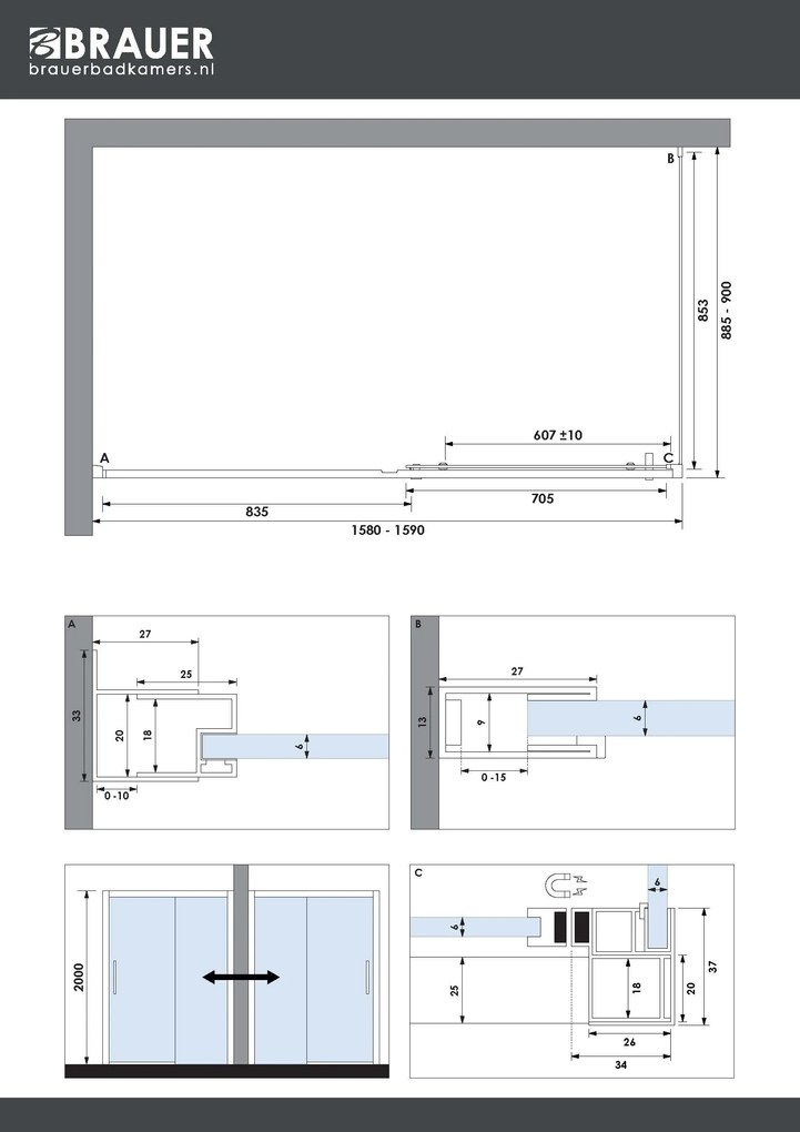 Brauer Season douchecabine met schuifdeur 160x90cm zwart mat