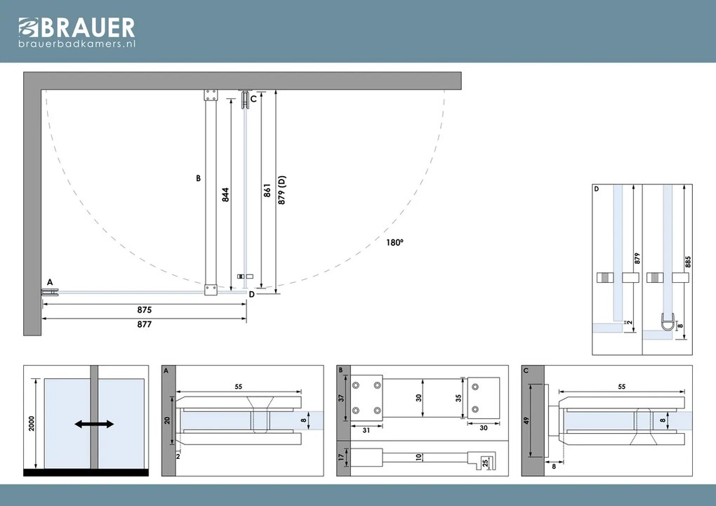 Brauer Void profielloze douchecabine 90x90cm RVS geborsteld PVD