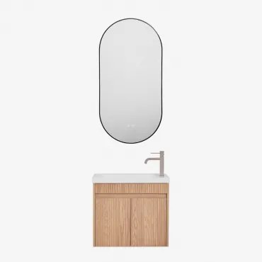 Narek Zwevend Houten Badkamermeubelset Met Geïntegreerde Wastafel Ash Brown & Ovale Led En Anticondens Zwart 50x100 Cm Asteiro & Bruin - - Sklum