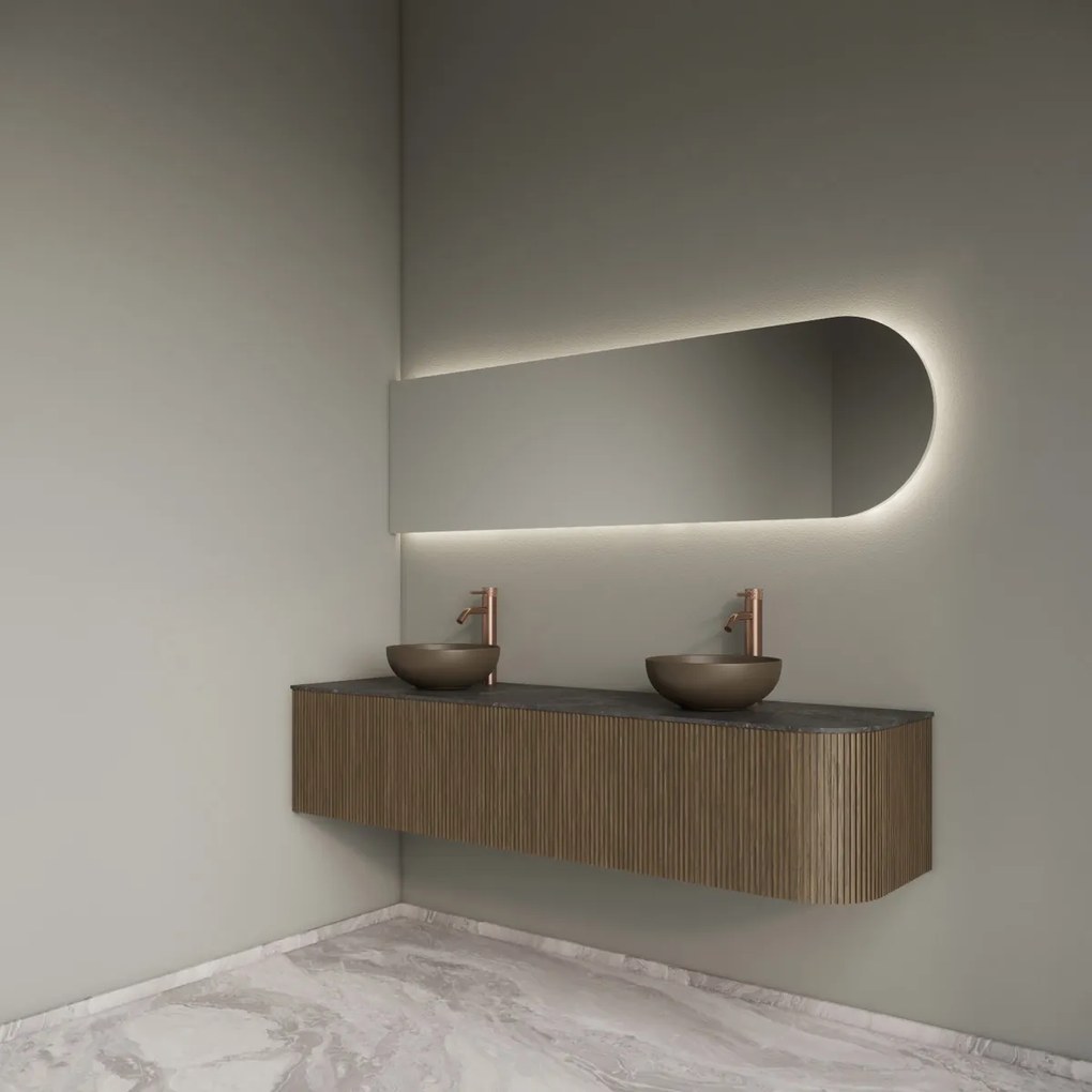 Gliss Design Alluro badmeubel ribbelfront met ronding rechts 180cm ash grey en zwart leisteen toppaneel