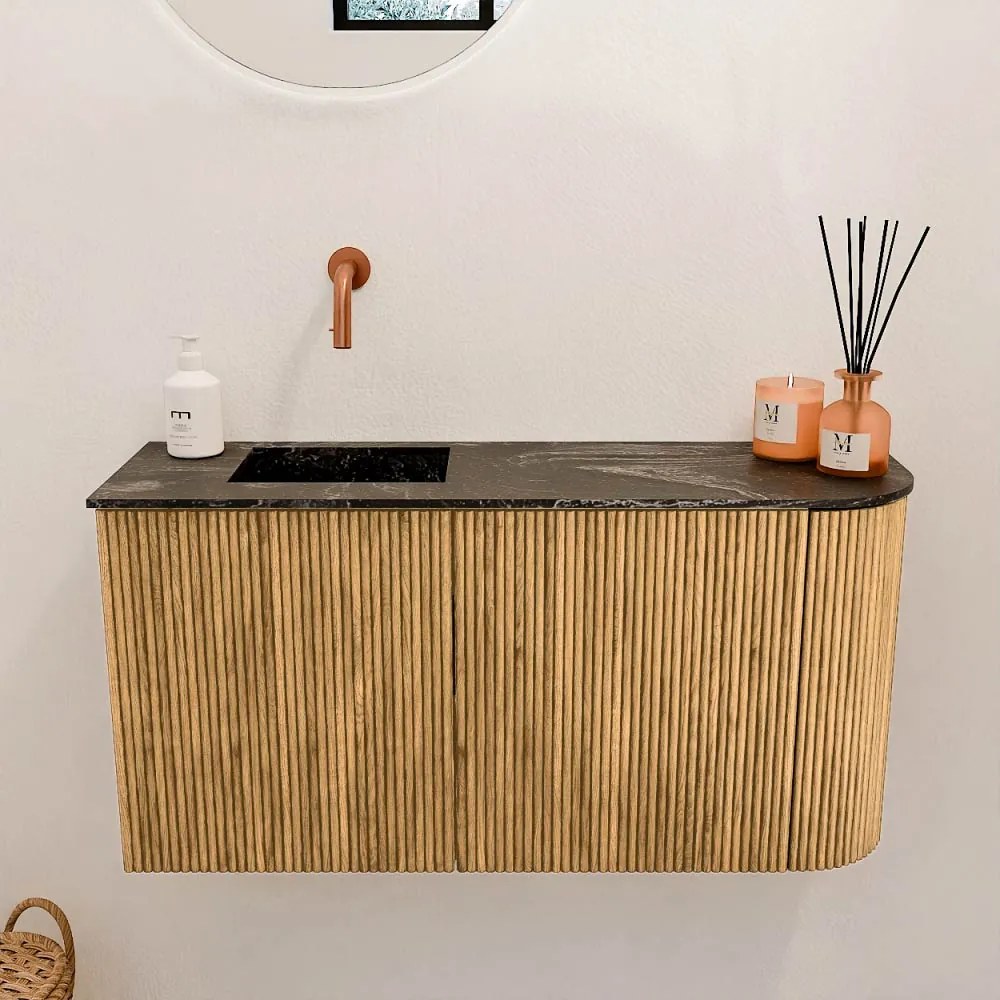 Mondiaz Joya DLux 80cm toiletmeubel ronding rechts oak met wastafel faye links zonder kraangat lava