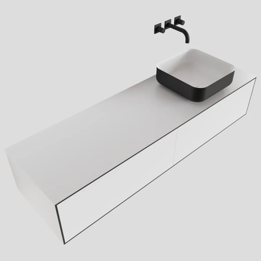 Zaro Lagom volledig naadloos solid surface onderkast met topblad 150cm mat zwart met 2 lades Push tot open. Compleet met solid surface opzetkom met 0 kraangat(en)