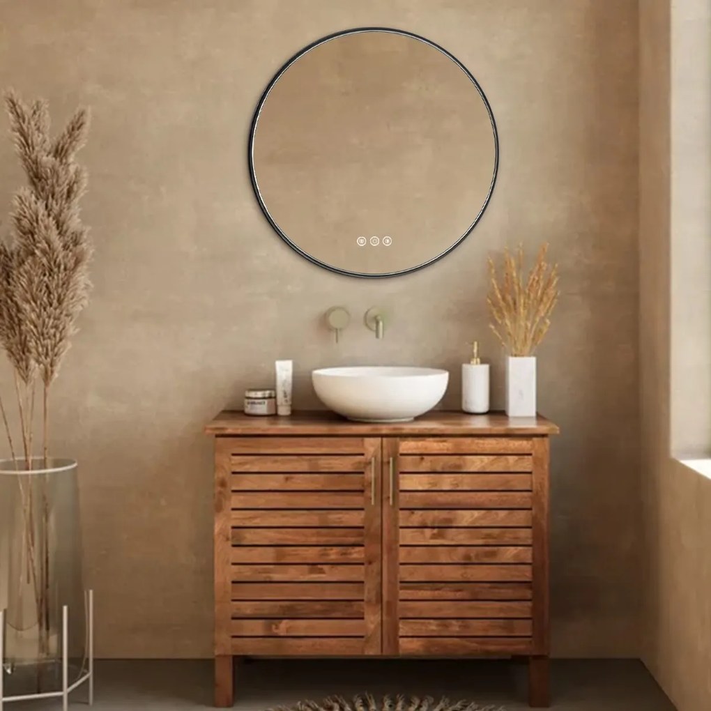 Saniclear Circle Black ronde spiegel met verwarming, direct en indirect licht mat zwart 80cm