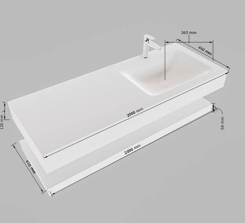 Mondiaz Alan DLux planchet 200cm met wastafel rechts zonder kraangat frappe