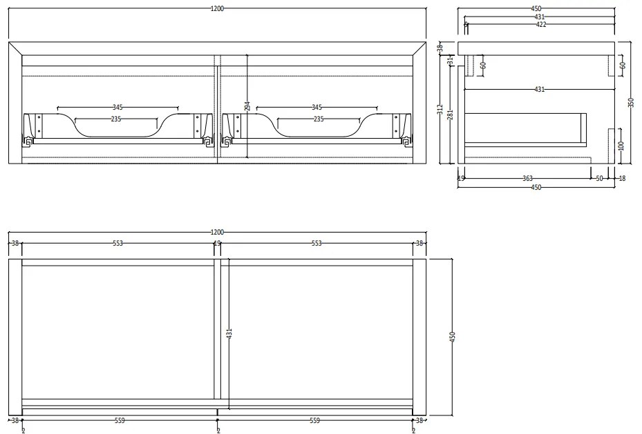 SaniGoods Alvares badmeubel 120cm 2 lades eiken charcoal met rivierstenen waskommen