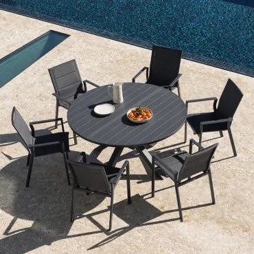 Barces Uitschuifbare Tuintafel 145-200x145 Cm En 6 Stapelbare Tuinstoelen Met Armleuningen Van Aluminium Karena Grijs – Grafiet - Sklum