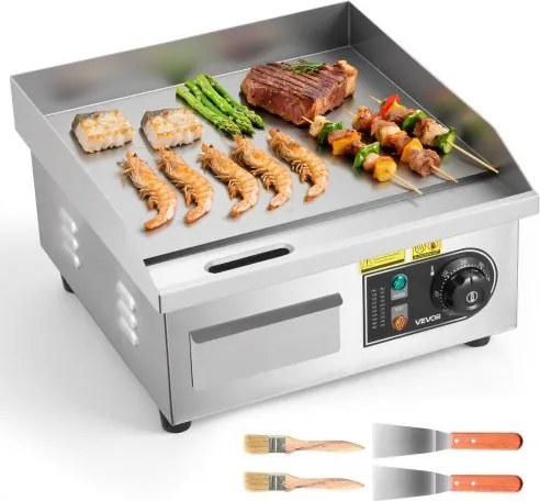 VEVOR elektrische bakplaat 2000 W 355 x 300 mm (grilloppervlak), 50-300 °C, roestvrijstalen behuizing, tafelmodel grill met 2 spatels, 2 borstels en 4 voetjes, voor steaks en pannenkoeken