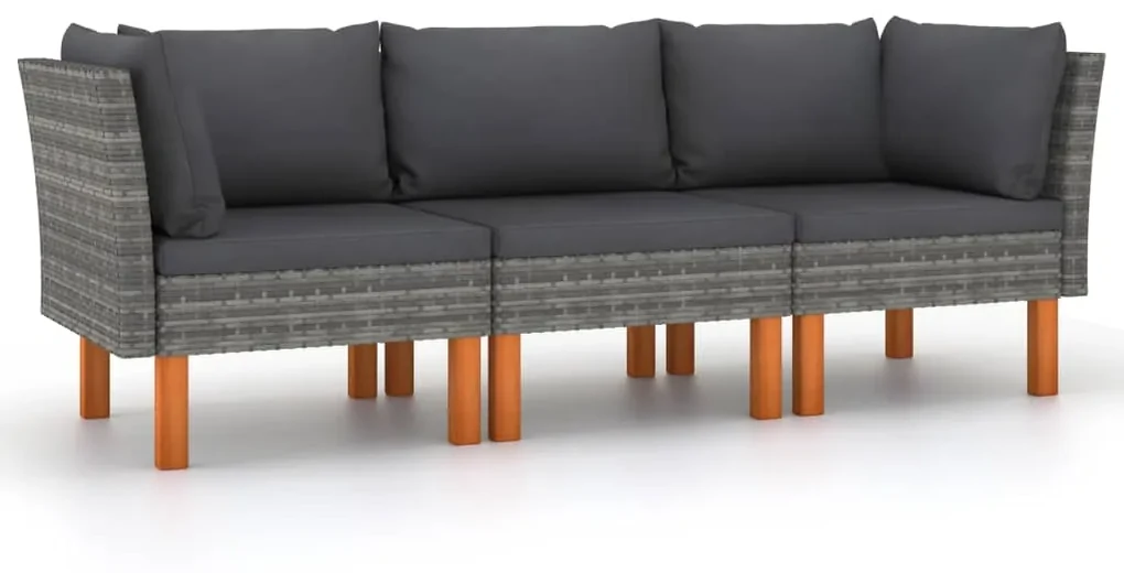 vidaXL Tuinbank 3-zits met kussens poly rattan grijs