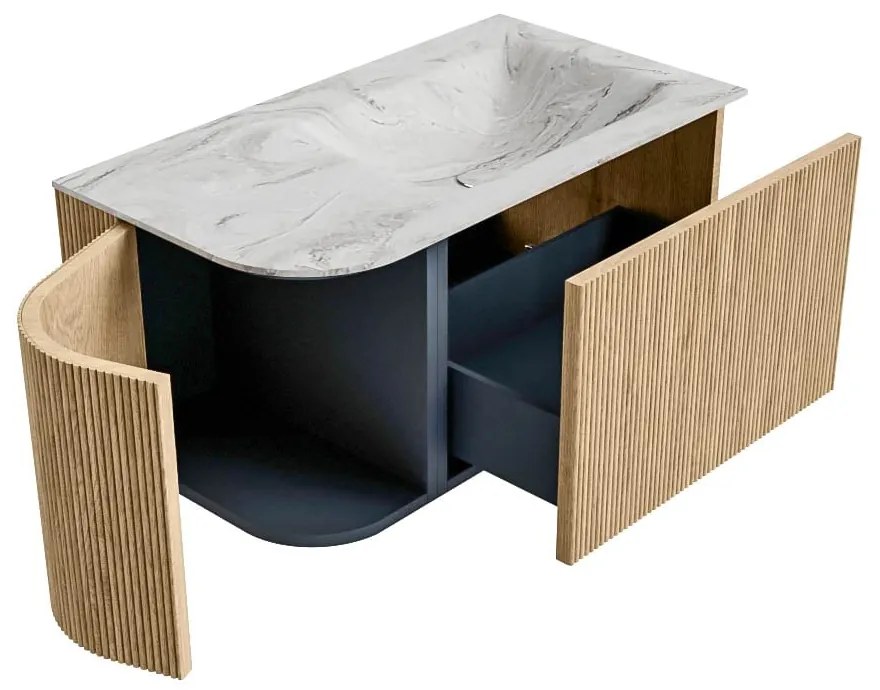 Mondiaz Kurve-dlux 85cm badmeubel ronding links oak met 1 lade en deur en wastafel cloud kraangat rechts glace