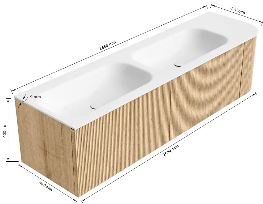 Mondiaz Kurve 165cm badmeubel ronding rechts dusk met 2 lades en 1 deur en wastafel big small dubbel/links zonder kraangat urban