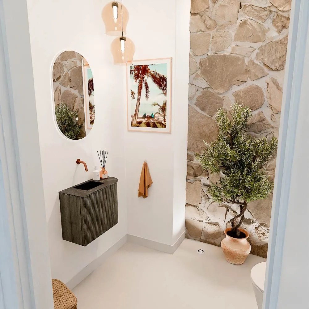 Mondiaz Joya DLux 50cm toiletmeubel ronding rechts shadow met wastafel faye links zonder kraangat lava