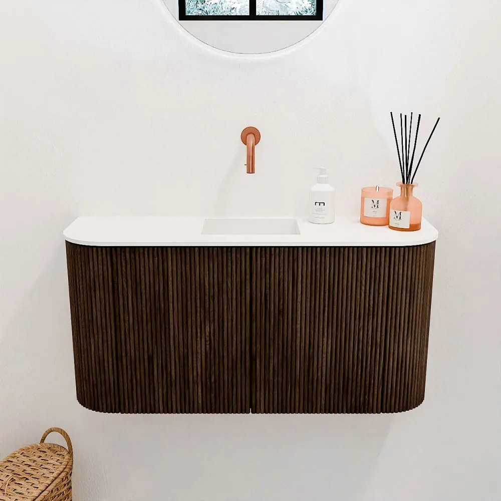 Mondiaz Joya 85cm toiletmeubel ronding links/rechts walnut met wastafel faye midden zonder kraangat talc