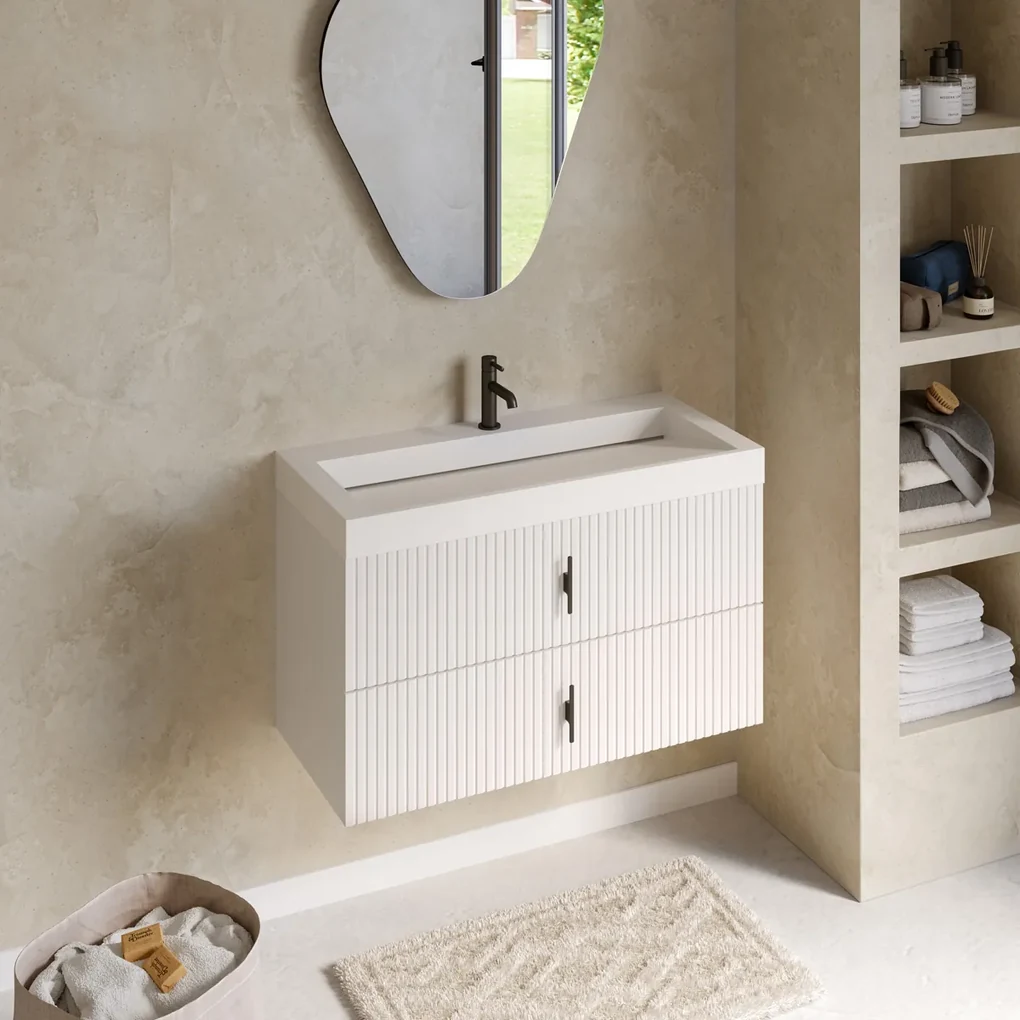 Muebles Estella badmeubel ribbelfront 100cm wit mat met solid surface wastafel met kraangat