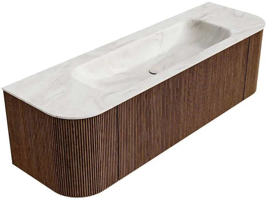 Mondiaz Kurve-dlux 150cm badmeubel ronding links/rechts walnut met 1 lade en 2 deuren en wastafel big medium midden 1 kraangat ostra