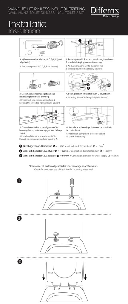 Differnz hangend toilet randloos met zitting wit