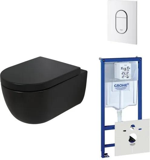 Plieger Nola toiletset Rimless mat zwart Grohe inbouwreservoir softclose en quickrelease toiletzitting met bedieningsplaat wit SW161800/0729205/0729242