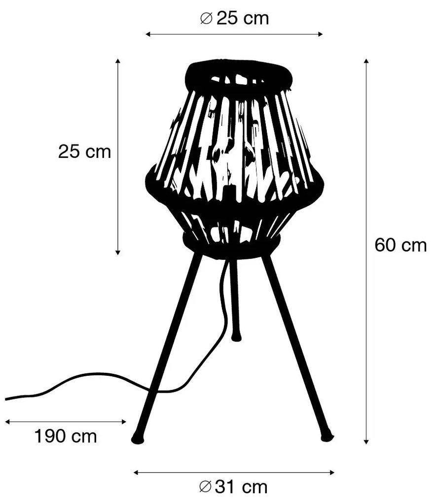 Landelijke tripod tafellamp bamboe met zwart - EvalinOosters E27 rond Binnenverlichting Lamp