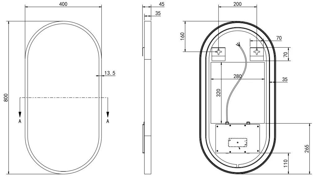 Hotbath &More Oval spiegel ovaal 40x80cm geborsteld zwart PVD