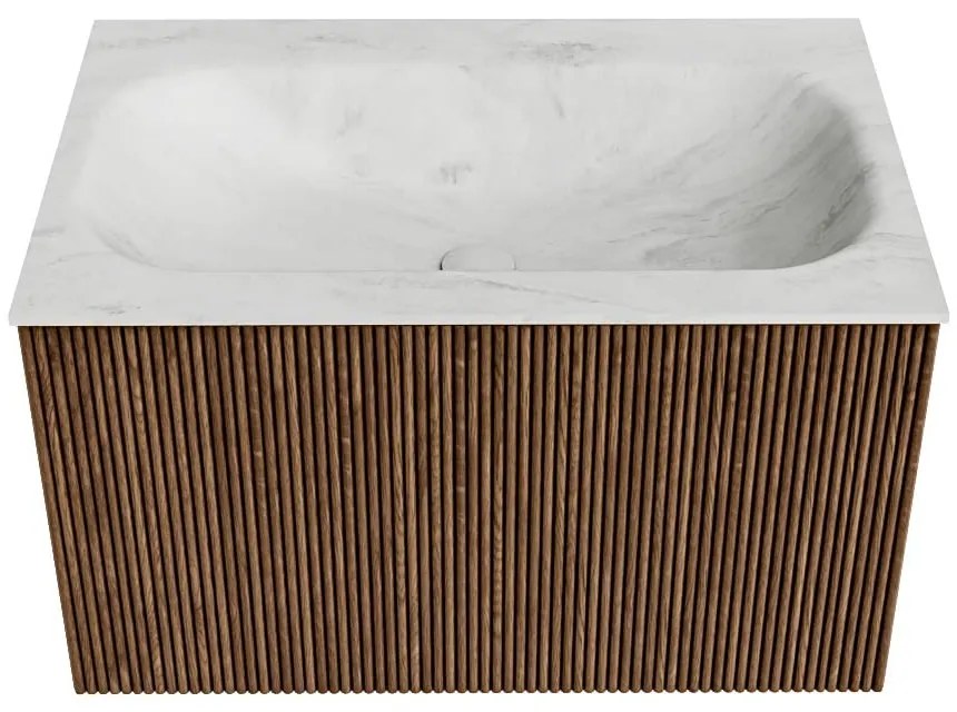 Mondiaz Kurve-dlux 70cm badmeubel walnut met 1 lade en wastafel big small midden 1 kraangat opalo