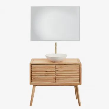 Deleyna Houten Badkamermeubelset Natuurlijk Hout & Rond Cement Wit Ø40 Cm Zavion & Rechthoekige Led En Anticondens 100x70 Cm Riben - Sklum