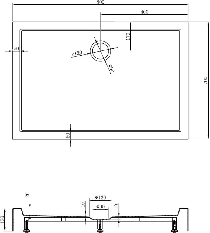 Mexen Flow+ rechthoekige douchebak 80 x 70 cm, wit glans - 46R107080H