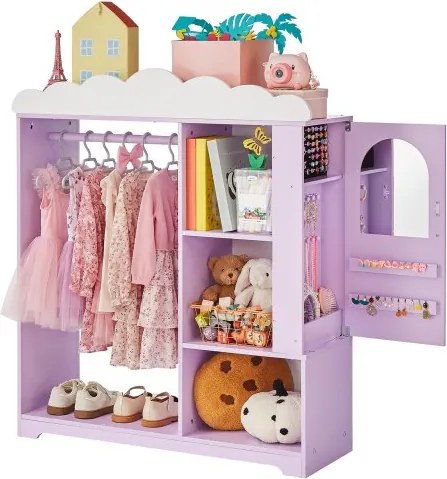 VEVOR Kinderkledingkast 91x30x103cm, Kinderkledingkast met spiegel, kledingstang en planken, Verkleedkast van MDF met sieradendoos voor meisjes, Kinderkledingkast voor kostuums, speelgoed en poppen, Paars