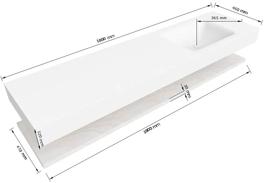 Zaro Alan badmeubel 180cm met planchet washed oak en vrijhangende wastafel cloud rechts zonder kraangat urban