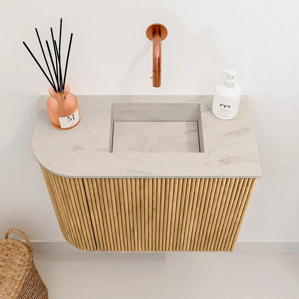 Mondiaz Joya DLux 50cm toiletmeubel ronding links oak met wastafel faye rechts zonder kraangat opalo