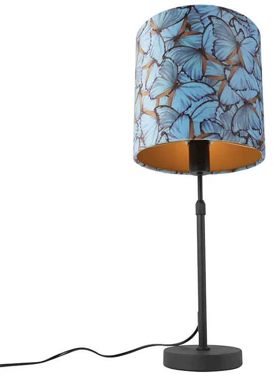 Stoffen Tafellamp zwart met velours kap vlinders met goud 25 cm - Parte Klassiek / Antiek E27 cilinder / rond rond Binnenverlichting Lamp