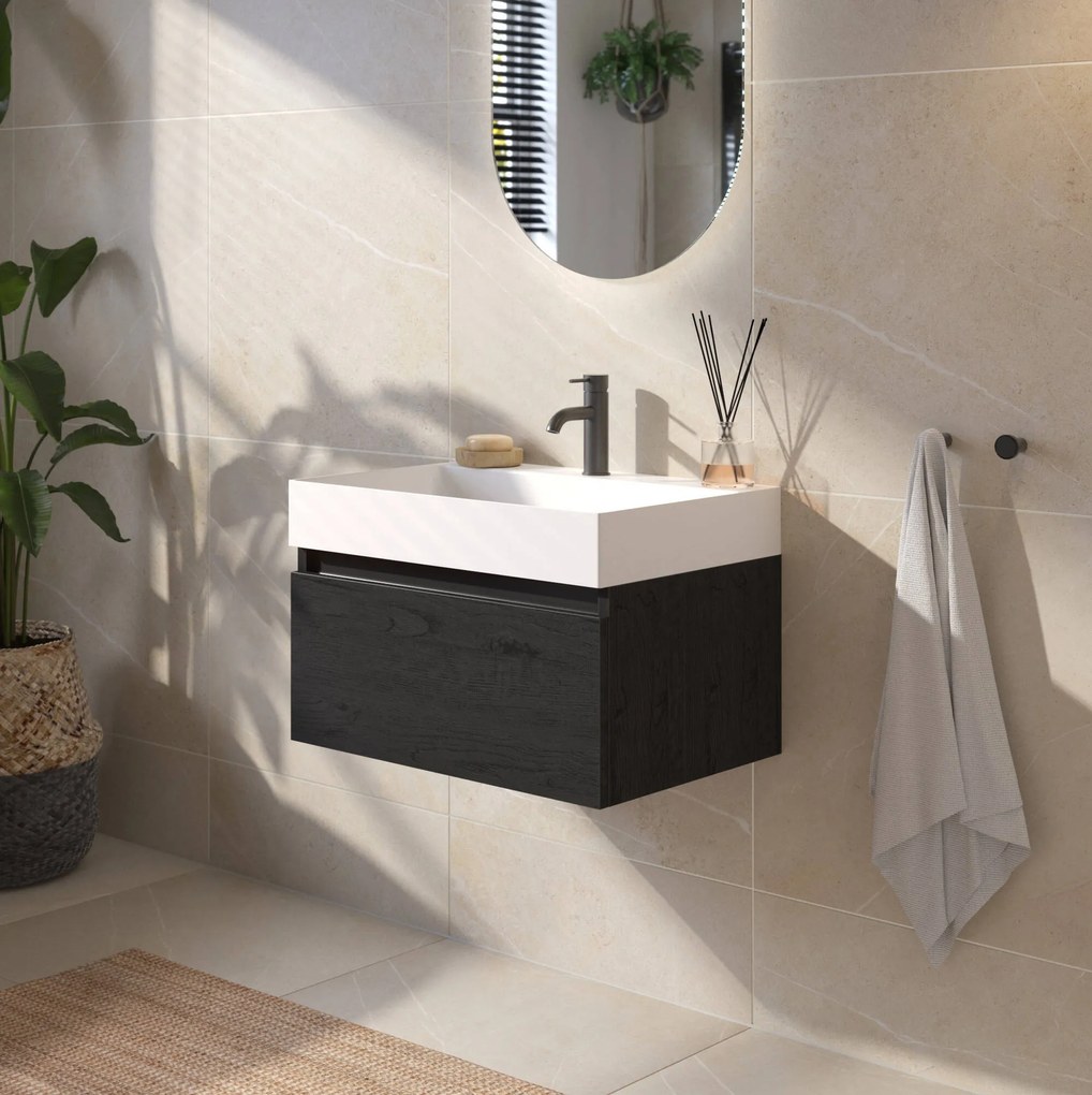Saqu Gaia badmeubel incl. mat witte wastafel 60x45x39cm eiken zwart – zwarte greeplijst