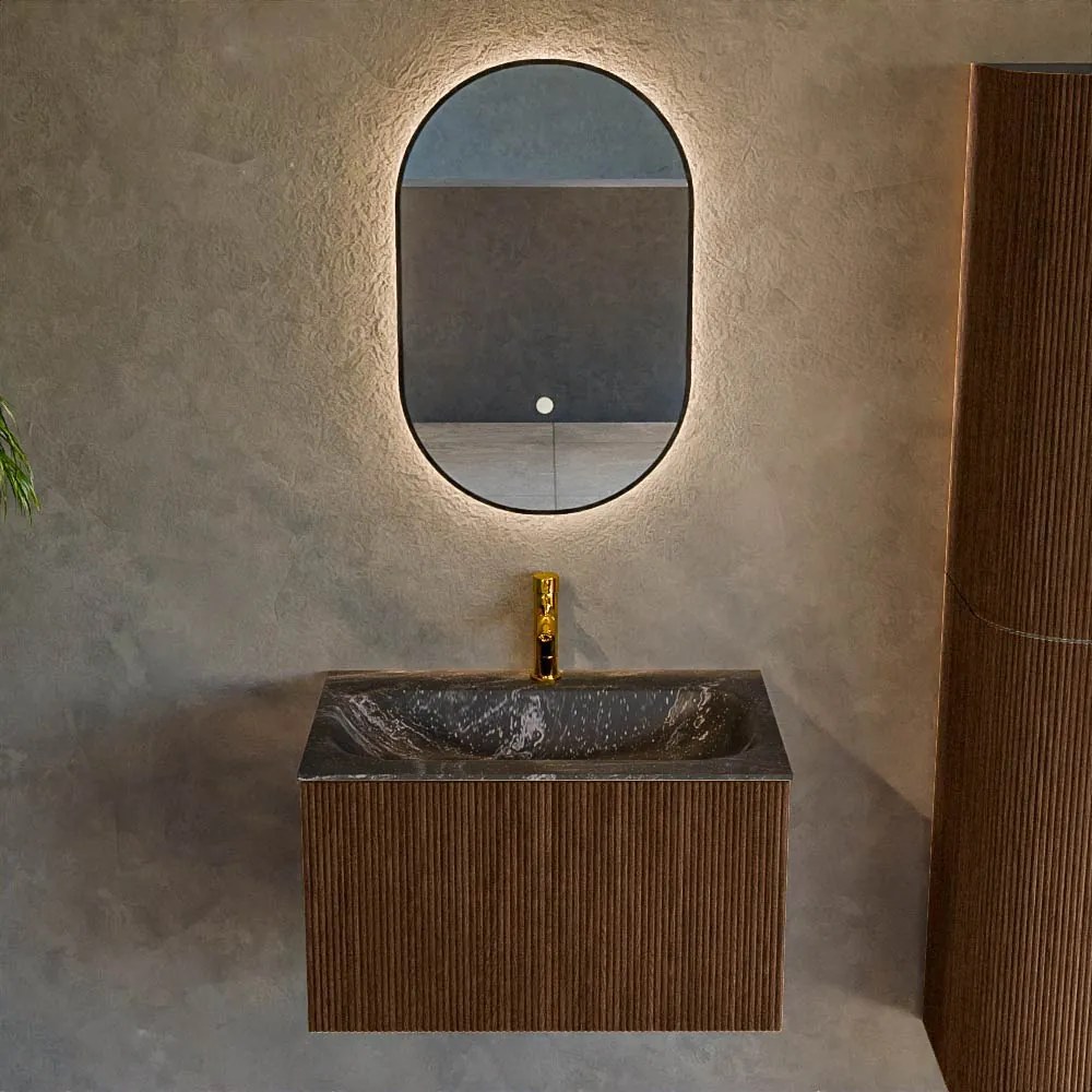 Mondiaz Kurve-dlux 70cm badmeubel walnut met 1 lade en wastafel big small midden 1 kraangat lava