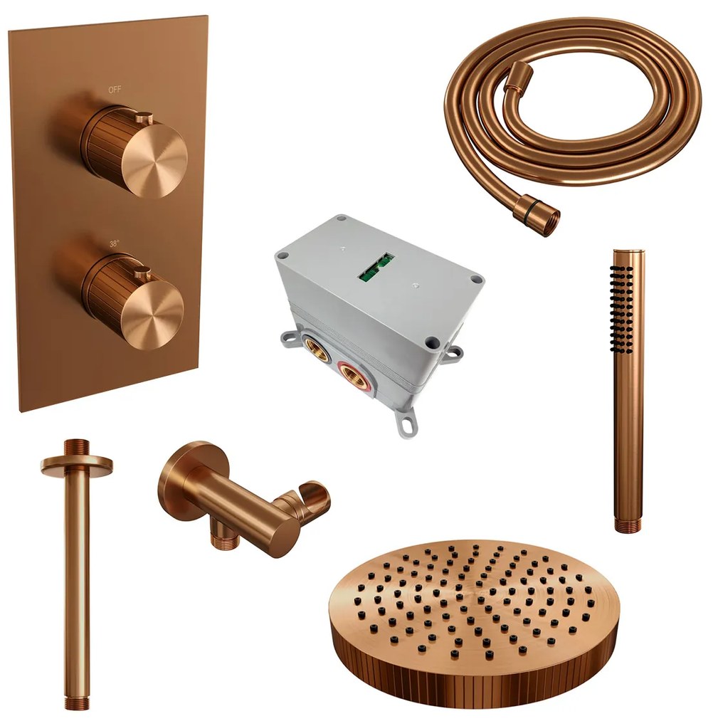 Brauer Stripe inbouw regendouche met 25cm hoofddouche, plafondarm en staafhanddouche set 15 koper geborsteld PVD