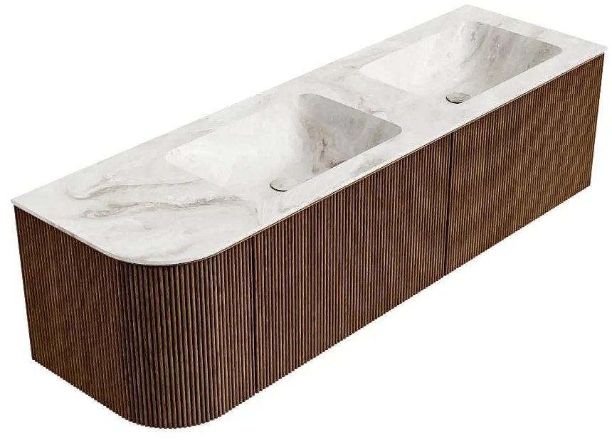 Mondiaz Kurve-dlux 155cm badmeubel ronding links walnut met 2 lades en 1 deur en wastafel leaf dubbel/rechts zonder kraangat frappe