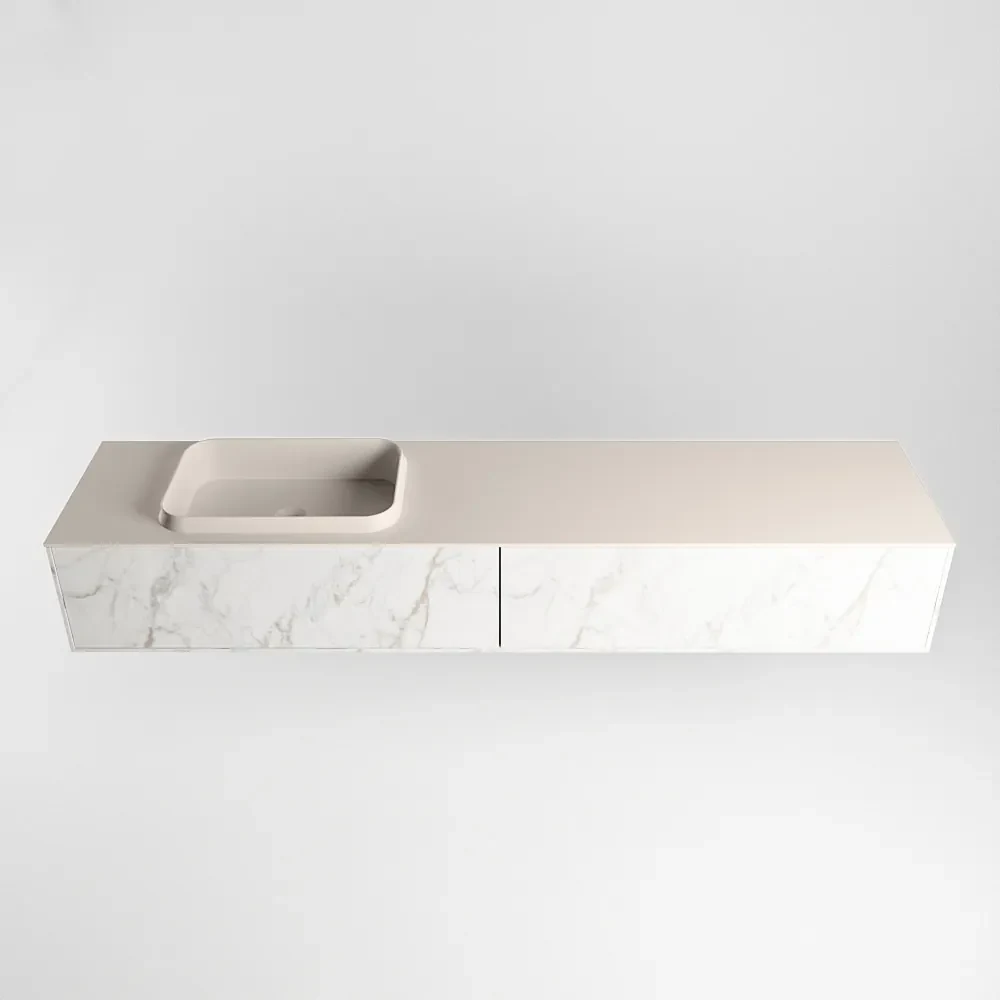 Mondiaz Erin 200cm badmeubel Carrara met 2 lades en beige wastafel links zonder kraangaten