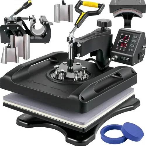VEVOR Transferpers 38x38 cm 8-in-1 sublimatiemachine 1000 W Zwart, voor het bedrukken van petten, T-shirts, mokken en borden, met 360° draaifunctie, dubbele buisverwarming en bediening met twee schermen