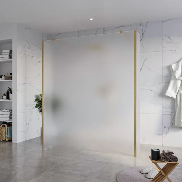 Fortifura Galeria Vrijstaande Inloopdouche - 180x200cm - Glas mat - antikalk - 8mm veiligheidsglas - 2 zijwanden 40cm - wandsteunen en hoekprofielen - Geborsteld Messing PVD (Goud) SW927770 2x/SW797933/SW797921 2x/SW798731 2x