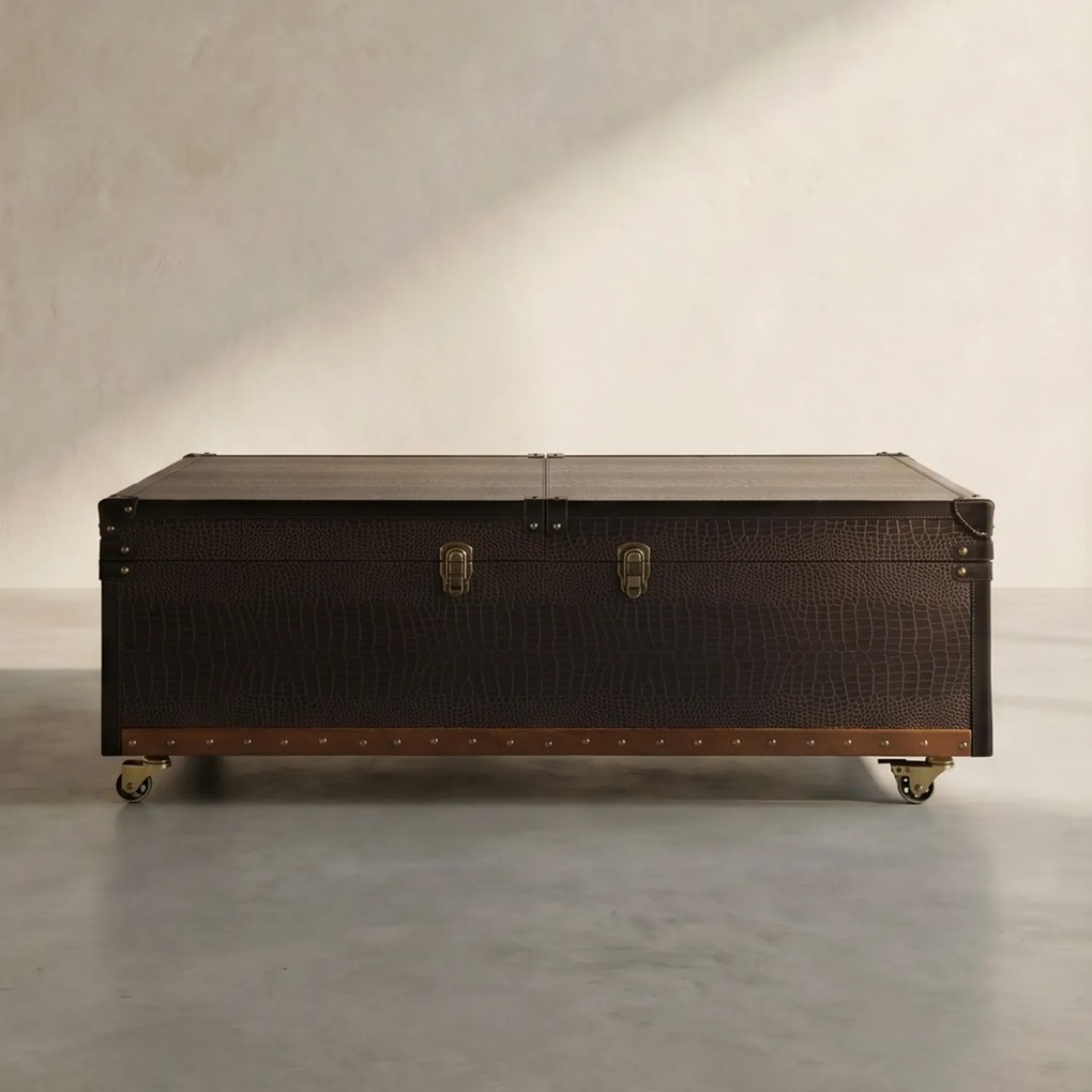 Kare Design Colonial Kist Salontafel Bruin Leer Op Wielen - 120 X 75cm.
