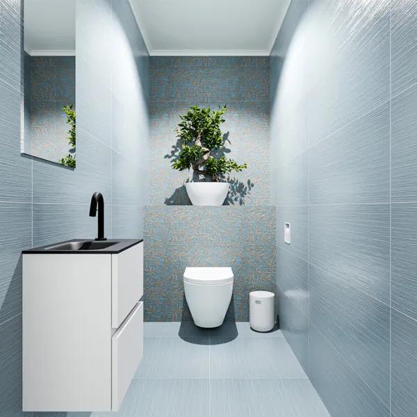 MONDIAZ ADA Toiletmeubel 40x30x50cm met 1 kraangaten 2 lades talc mat Wastafel Lex links Solid Surface Zwart FK75342058