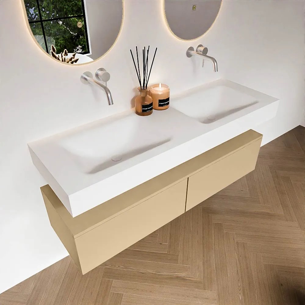 Zaro Alan badmeubel 140cm sand 2 lades met vrijhangende wastafel cloud dubbel zonder kraangat talc