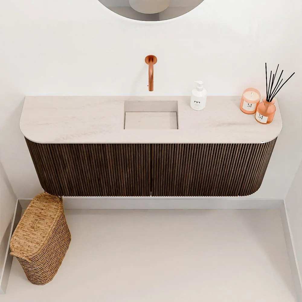 Mondiaz Joya DLux 105cm toiletmeubel ronding links/rechts walnut met wastafel faye midden zonder kraangat meli