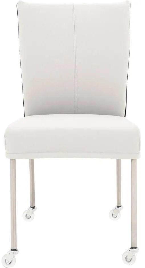 Goossens Eetkamerstoel Funk RVS Poten wit leer leuning en Transparant skater wiel met rvs kapmet wielen, modern design