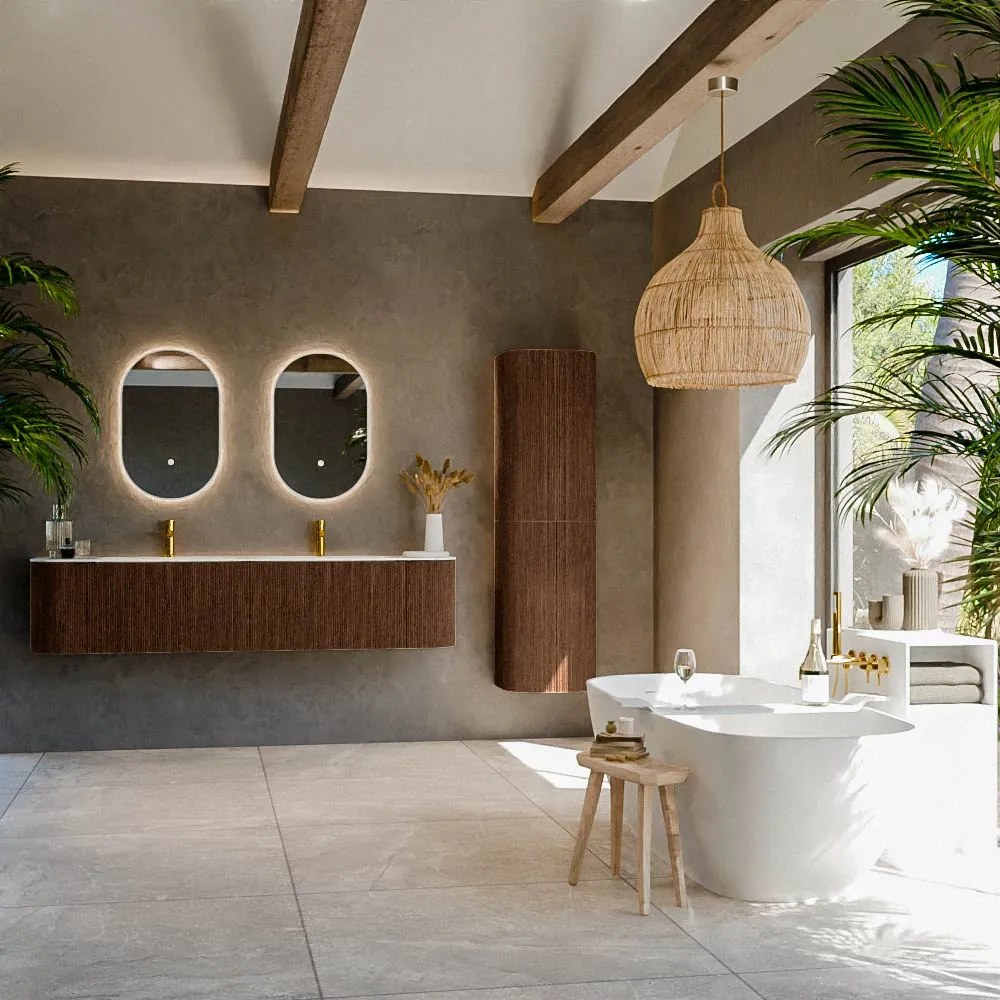 Mondiaz Kurve-dlux 190cm badmeubel ronding links/rechts walnut met 2 lades en deuren en wastafel stor small dubbel 2 kraangaten opalo